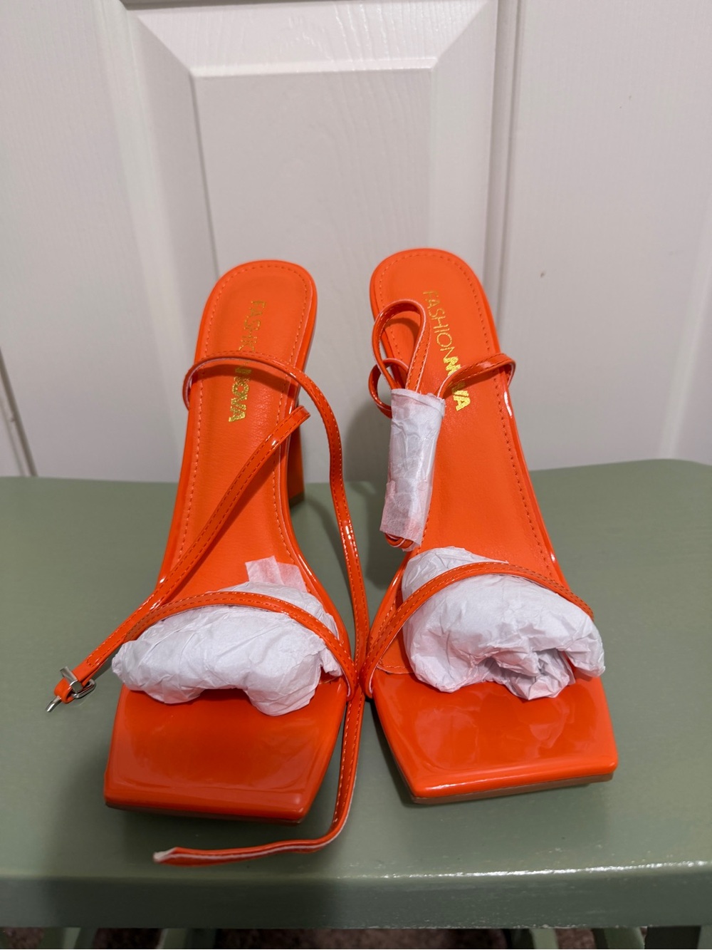 Fashion Nova Orange Strappy Square-Toe Heels
